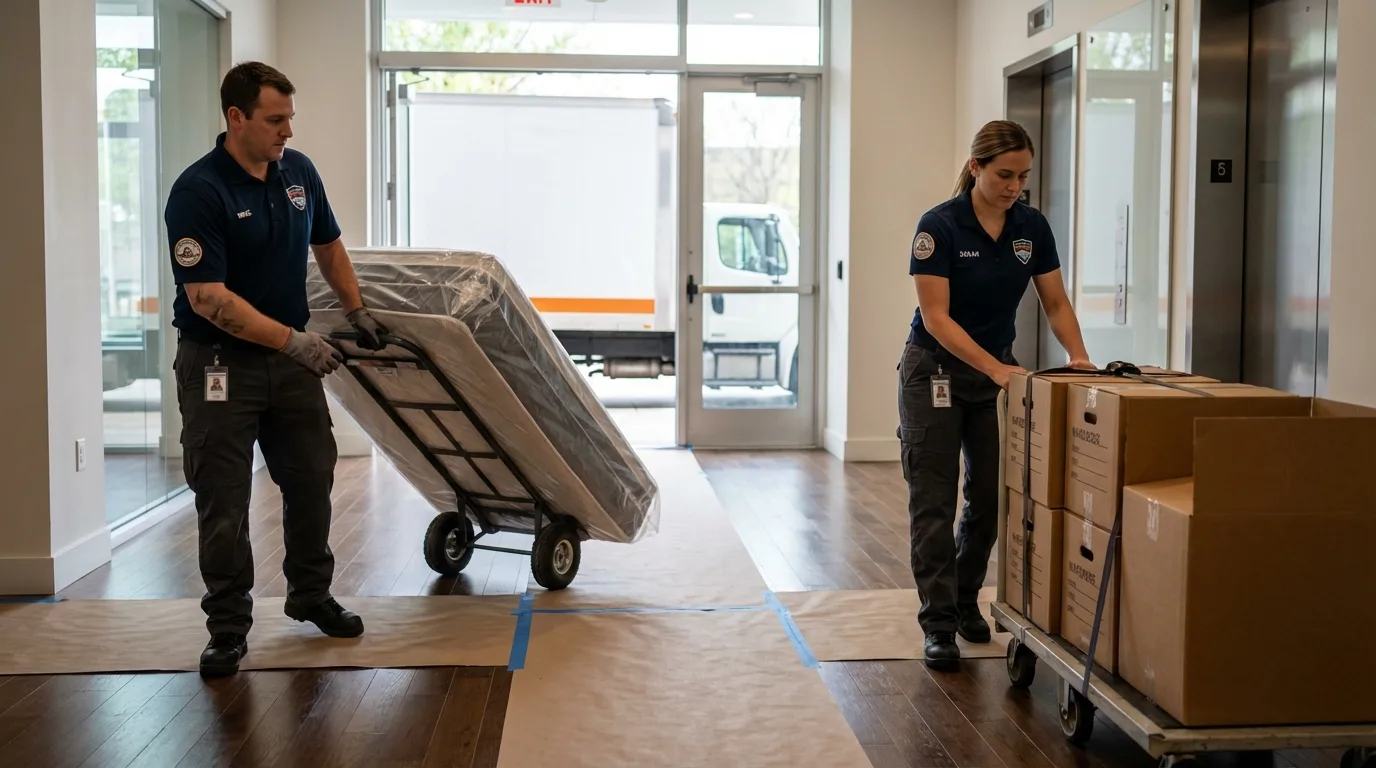 Professional apartment movers loading elevator in Baxter, TN